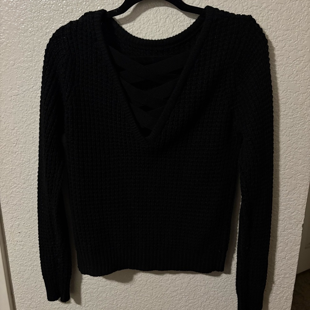 Ambiance Apparel Black Textured Knit‎ Sweater Criss Cross Back Women's M - Picture 2 of 6